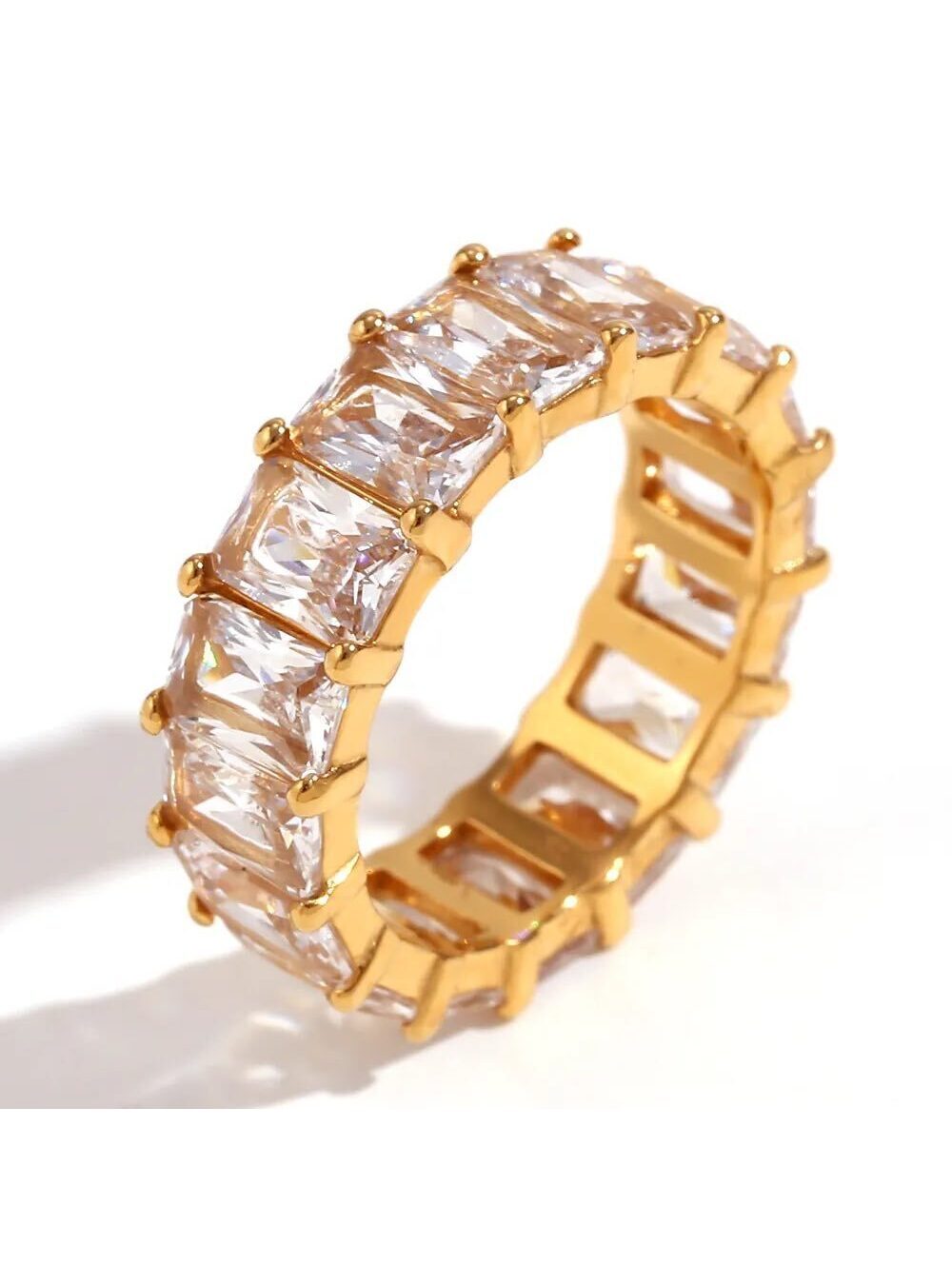 18KGP Gold Emerald Cut Zirconia Eternity Ring – Tarnish Free & Hypoallergenic
